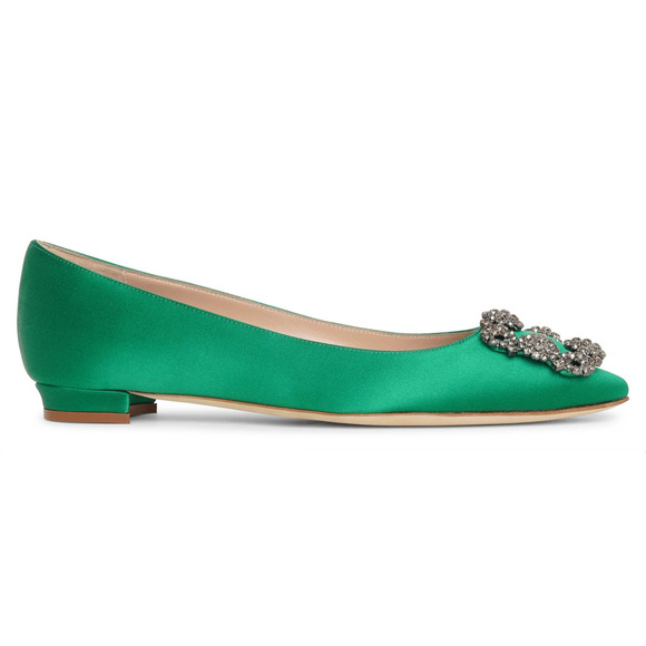 Manolo Blahnik Hangisi Emerald Green Satin Jewel Buck Ballerina Ballet Flat 36.5 - Picture 1 of 12